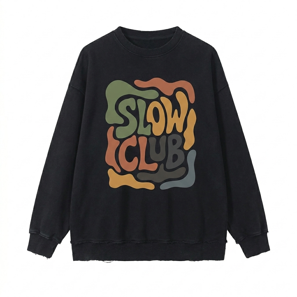 Custom Snow Washed Hand-Frayed Sweatshirt design direction 2: Abstract Graphic Print featuring the SLOW CLUB wordmark