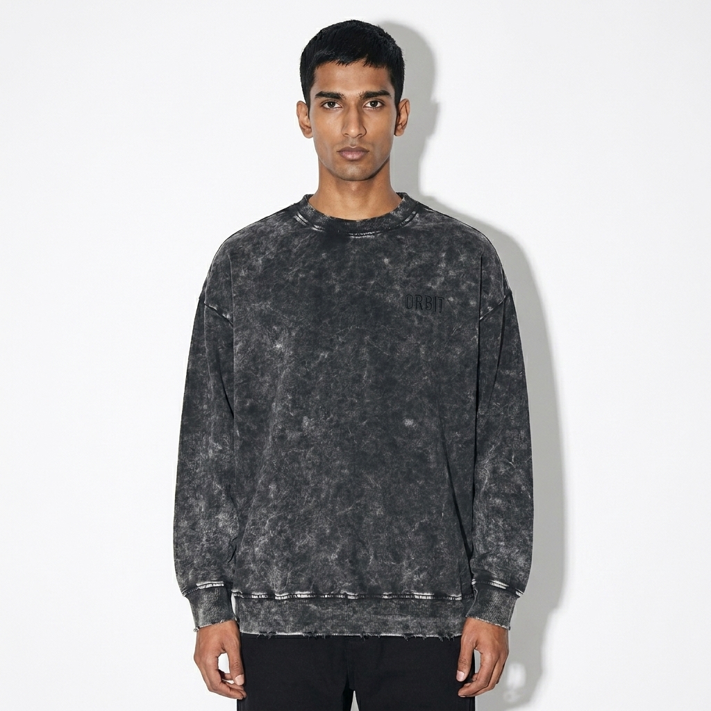 Snow Washed Hand-Frayed Sweatshirt worn by a slim tall South Asian male fashion influencer, techwear modern styling, studio lookbook — custom snow washed hand-frayed sweatshirt