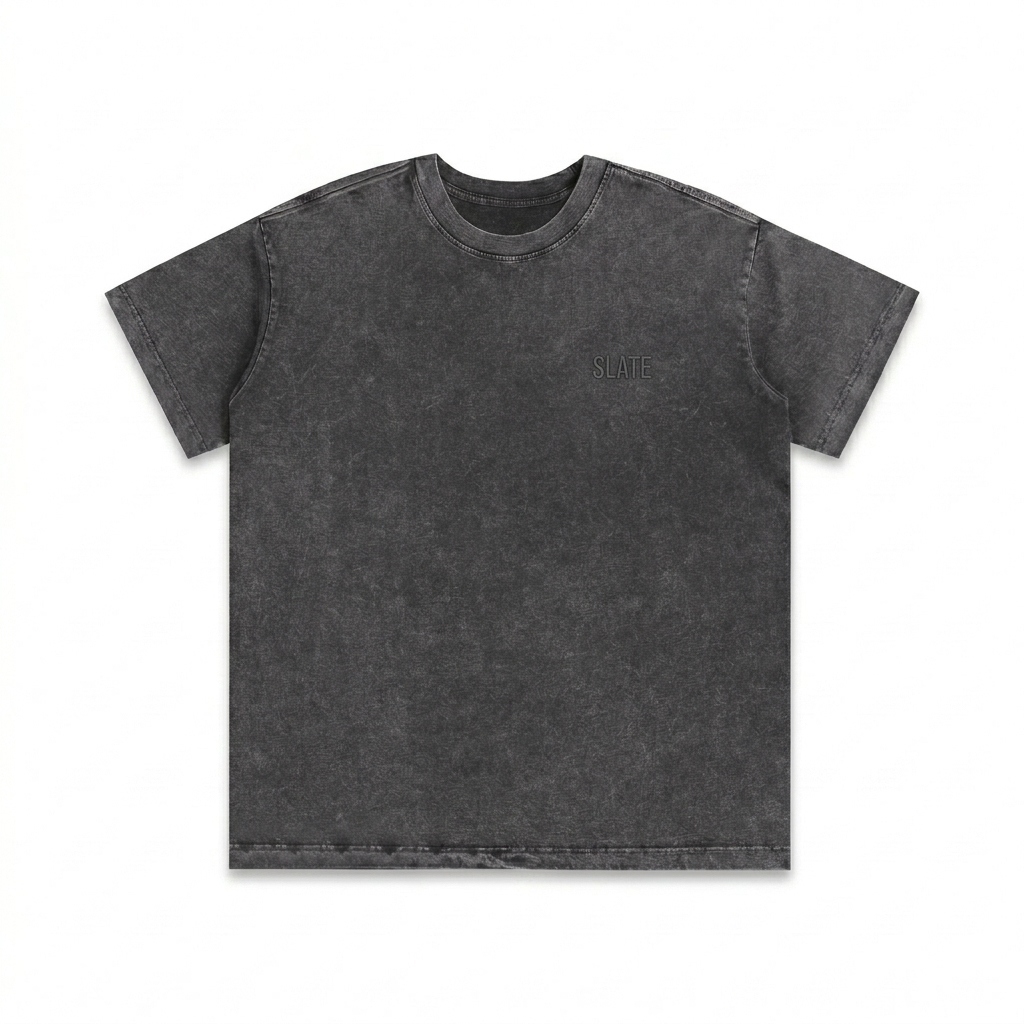 Custom Snow Washed Heavyweight T-Shirt design direction 1: Tonal Minimalist Wordmark featuring the SLATE wordmark