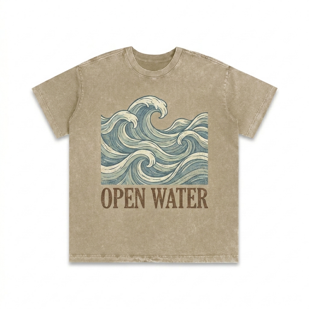 Custom Snow Washed Heavyweight T-Shirt design direction 2: Bold Abstract Graphic featuring the OPEN WATER wordmark