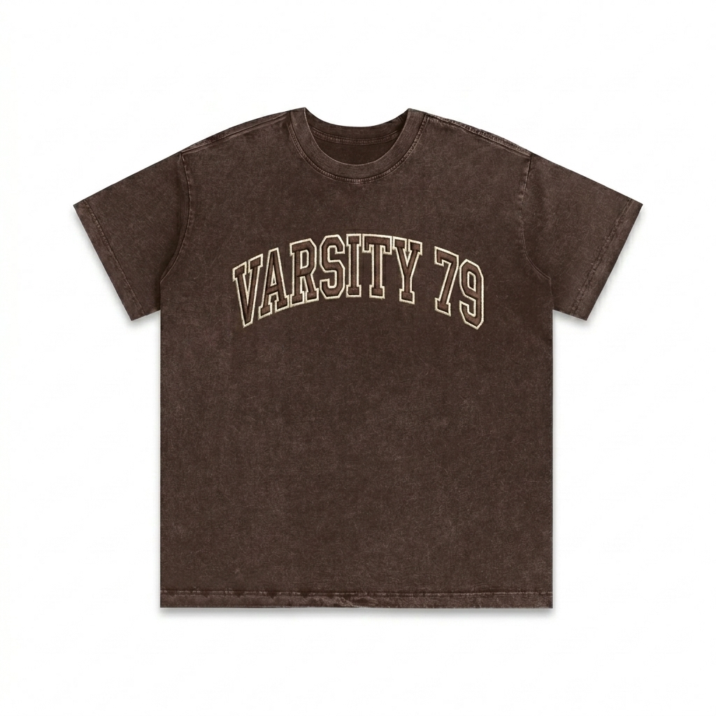Custom Snow Washed Heavyweight T-Shirt design direction 3: Retro Collegiate Emblem featuring the VARSITY 79 wordmark