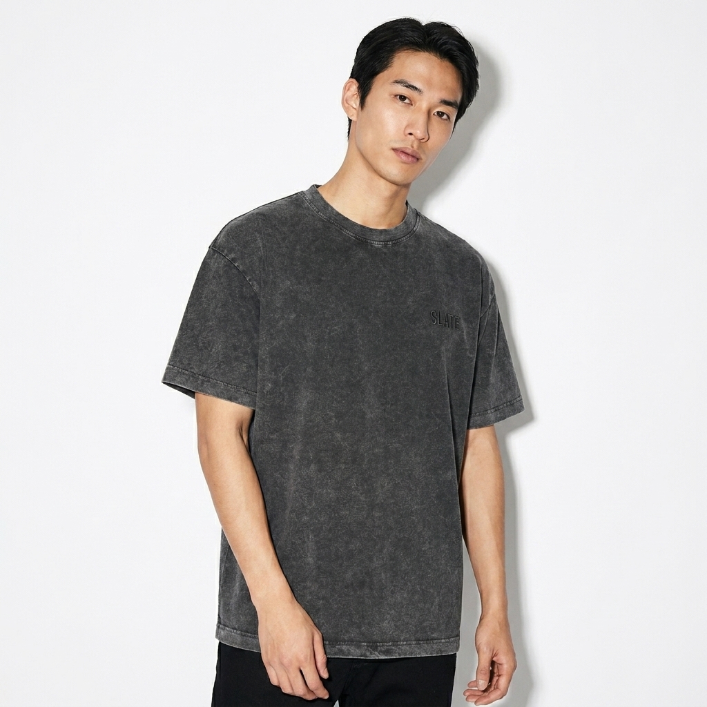 Snow Washed Heavyweight T-Shirt worn by a lean Japanese male fashion influencer, gorpcore outdoor styling, studio lookbook — custom snow washed heavyweight t-shirt