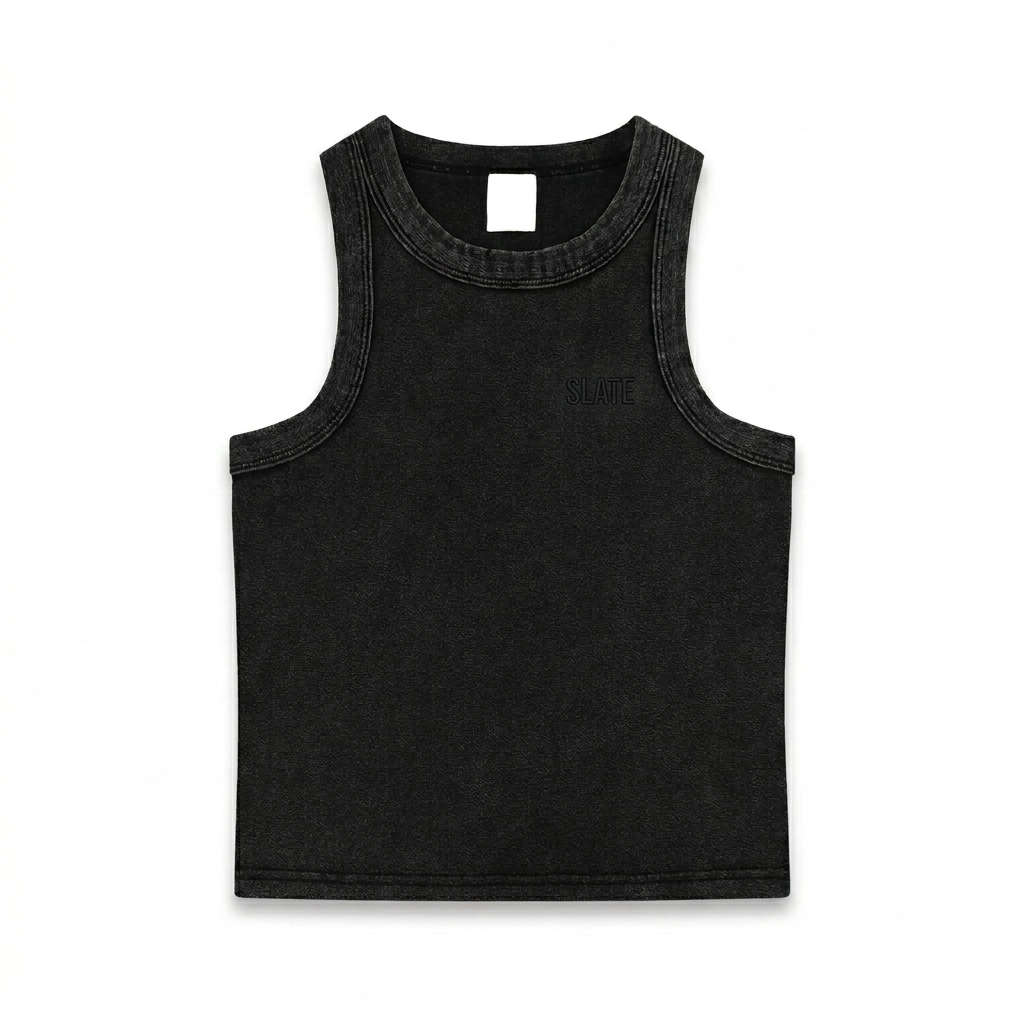 Custom Snow Washed Heavyweight Tank Top design direction 1: Tonal Minimalist Wordmark featuring the SLATE wordmark