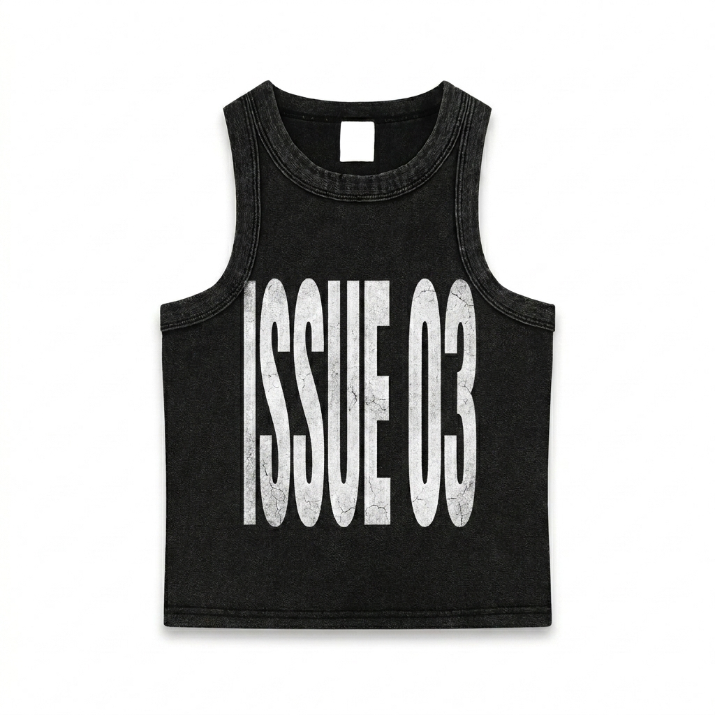 Custom Snow Washed Heavyweight Tank Top design direction 3: Experimental Typography featuring the ISSUE 03 wordmark