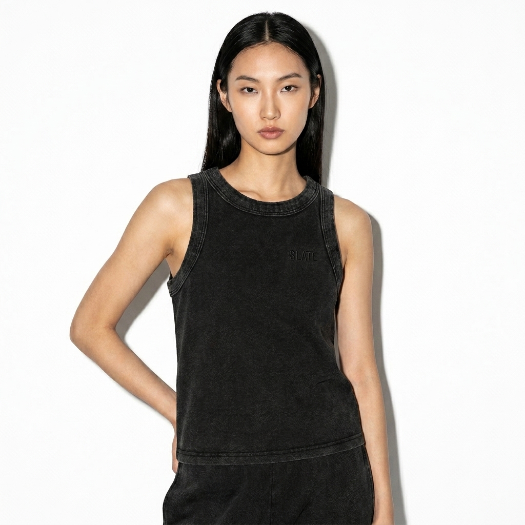 Snow Washed Heavyweight Tank Top worn by a slim tall Chinese female fashion influencer, preppy ivy styling, studio lookbook — custom snow washed heavyweight tank top
