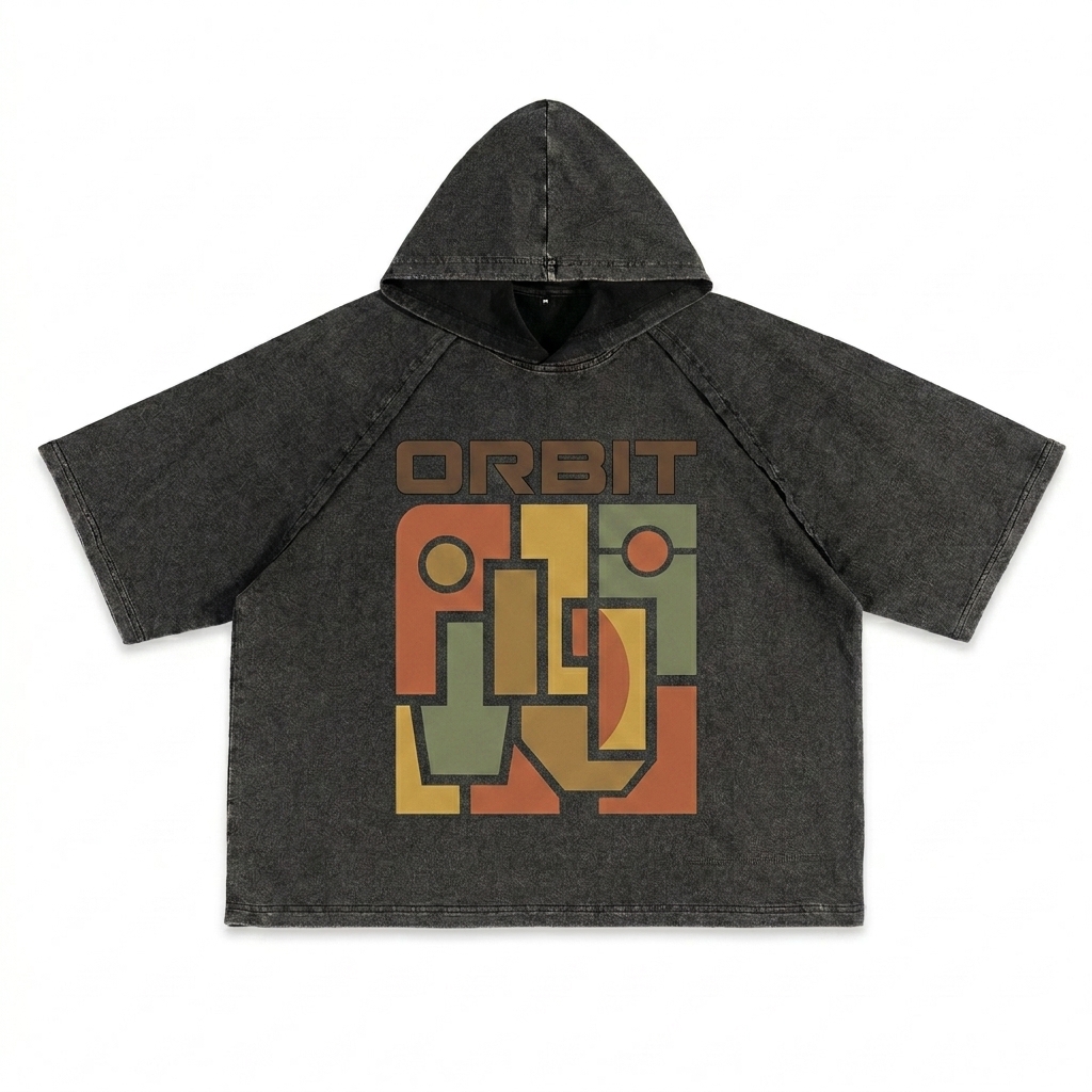 Custom Snow Washed Hooded T-Shirt design direction 2: Bold Graphic Illustration featuring the ORBIT wordmark