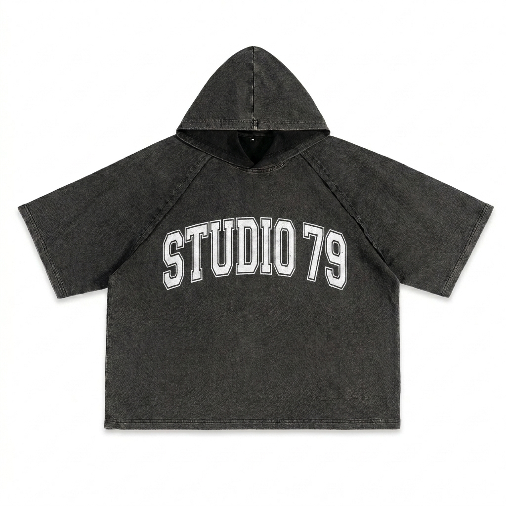 Custom Snow Washed Hooded T-Shirt design direction 3: Retro Collegiate Typography featuring the STUDIO 79 wordmark