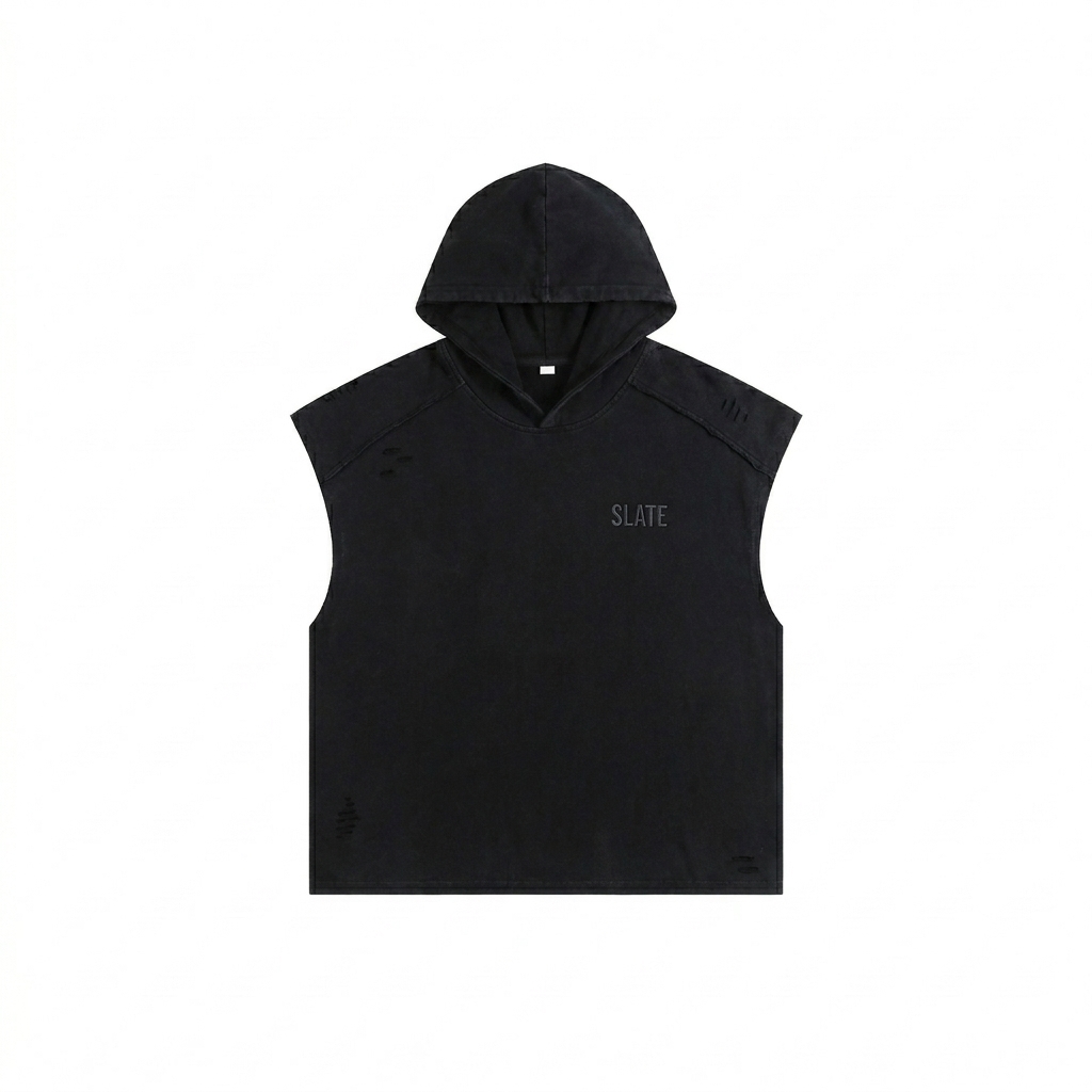 Custom Snow Washed Hooded Tank Top design direction 1: Tonal Minimalist Wordmark featuring the SLATE wordmark