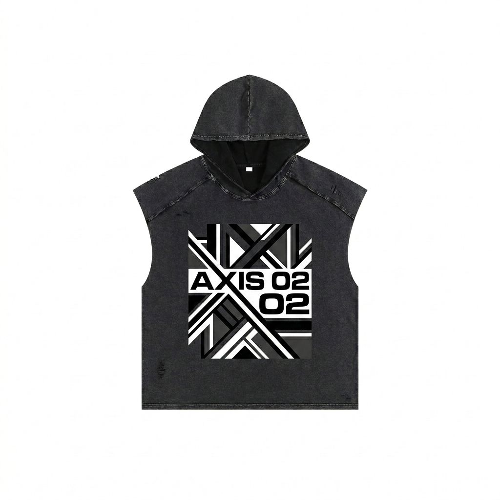 Custom Snow Washed Hooded Tank Top design direction 2: Geometric Abstract Graphic featuring the AXIS 02 wordmark