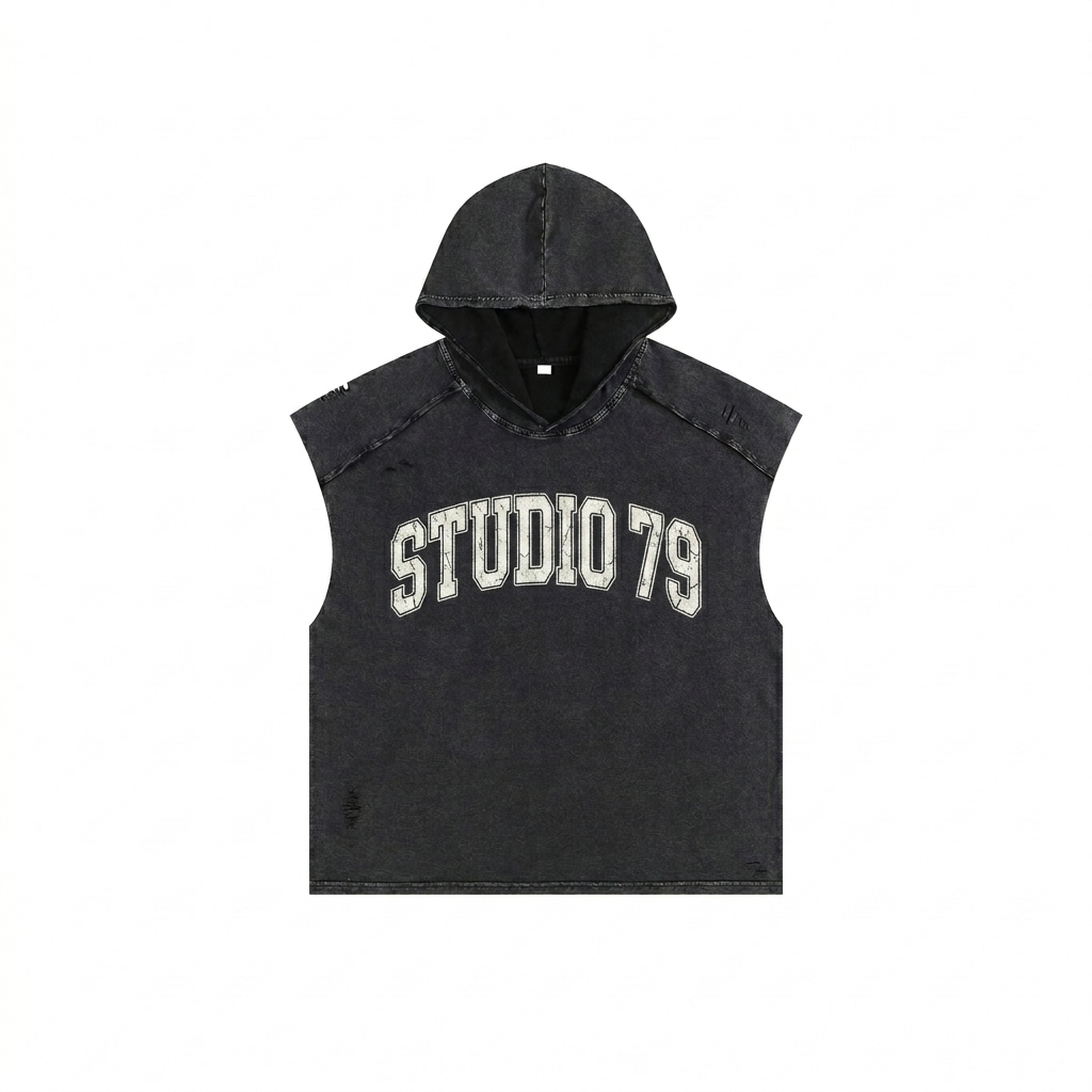 Custom Snow Washed Hooded Tank Top design direction 3: Retro Collegiate Emblem featuring the STUDIO 79 wordmark