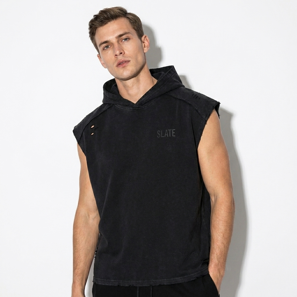 Snow Washed Hooded Tank Top worn by a lean White European male fashion influencer, minimalist luxury styling, studio lookbook — custom snow washed hooded tank top