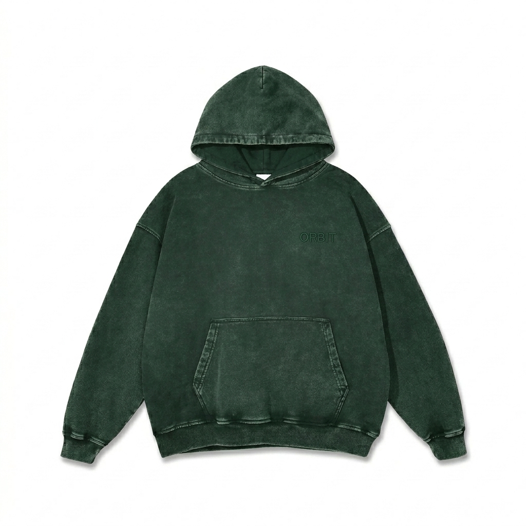 Custom Snow Washed Loose Hoodie design direction 1: Tonal Minimalist Wordmark featuring the ORBIT wordmark