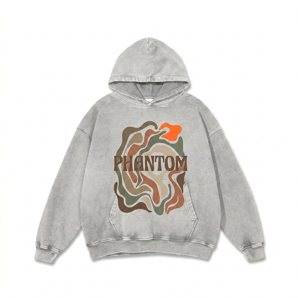 Custom Snow Washed Loose Hoodie design direction 2: Bold Abstract Graphic featuring the PHANTOM wordmark