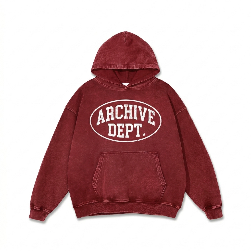 Custom Snow Washed Loose Hoodie design direction 3: Retro Collegiate Emblem featuring the ARCHIVE DEPT. wordmark