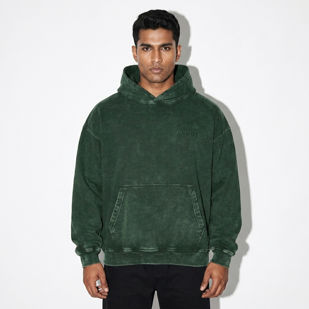 Snow Washed Loose Hoodie worn by a broad-shouldered Indian male fashion influencer, minimalist luxury styling, studio lookbook — custom snow washed loose hoodie