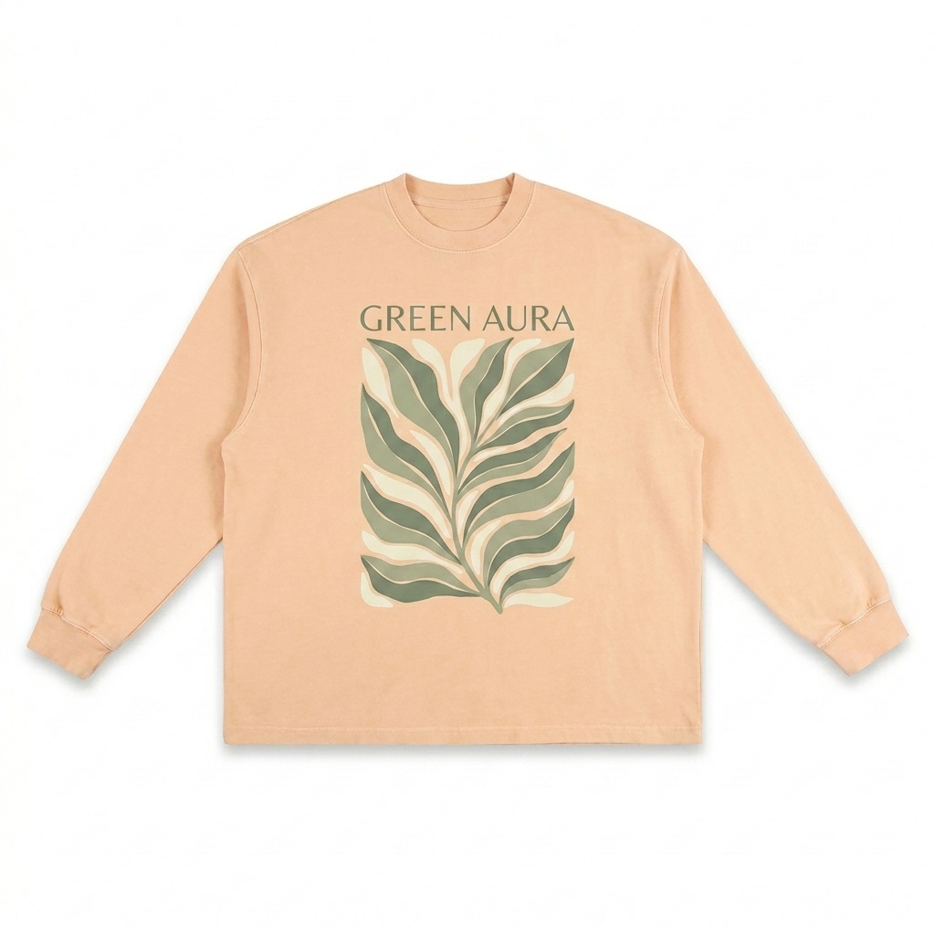 Custom Snow Washed Oversized Long Sleeve T-Shirt design direction 2: Abstract Botanical Graphic featuring the GREEN AURA wordmark