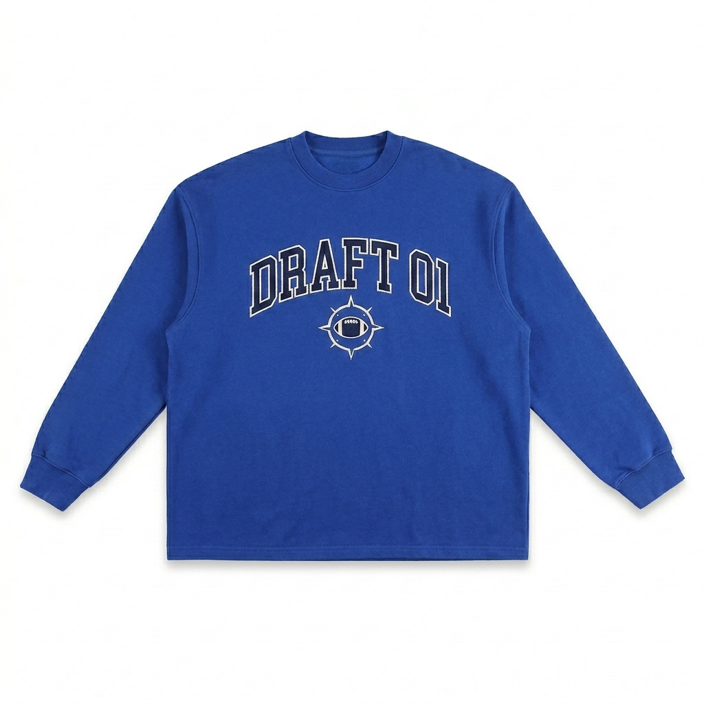 Custom Snow Washed Oversized Long Sleeve T-Shirt design direction 3: Retro Collegiate Emblem featuring the DRAFT 01 wordmark