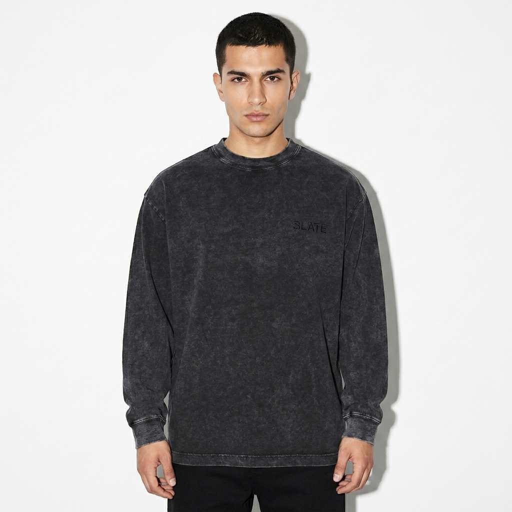 Snow Washed Oversized Long Sleeve T-Shirt worn by a petite Turkish male fashion influencer, editorial avant-garde styling, studio lookbook — custom snow washed oversized long sleeve t-shirt
