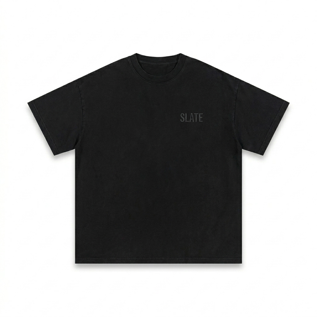 Custom Snow Washed Oversized T-Shirt design direction 1: Tonal Minimalist Wordmark featuring the SLATE wordmark