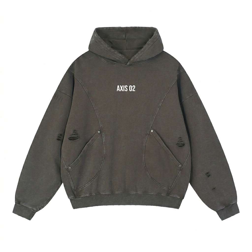Custom Snow Washed Panel Pocket Hoodie design direction 1: Minimalist Utility Wordmark featuring the AXIS 02 wordmark