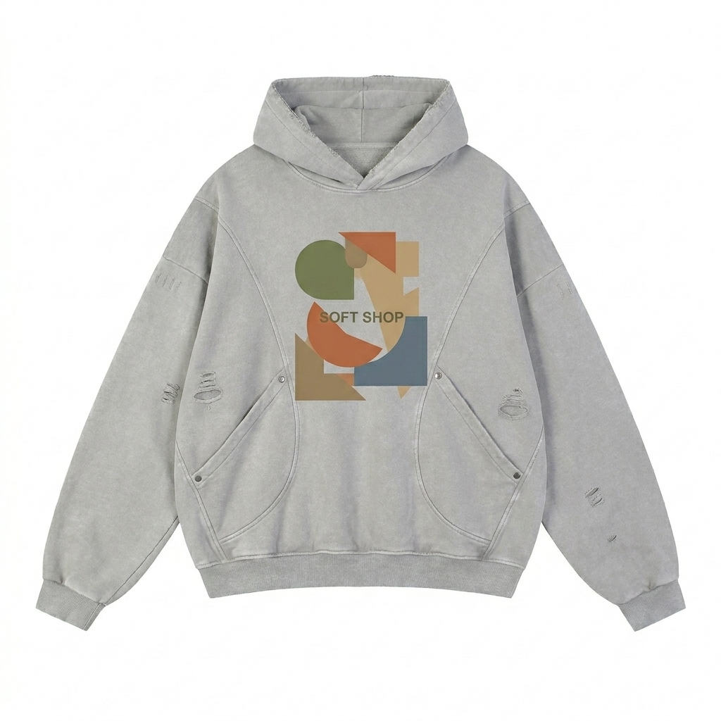 Custom Snow Washed Panel Pocket Hoodie design direction 2: Abstract Geometric Graphic featuring the SOFT SHOP wordmark