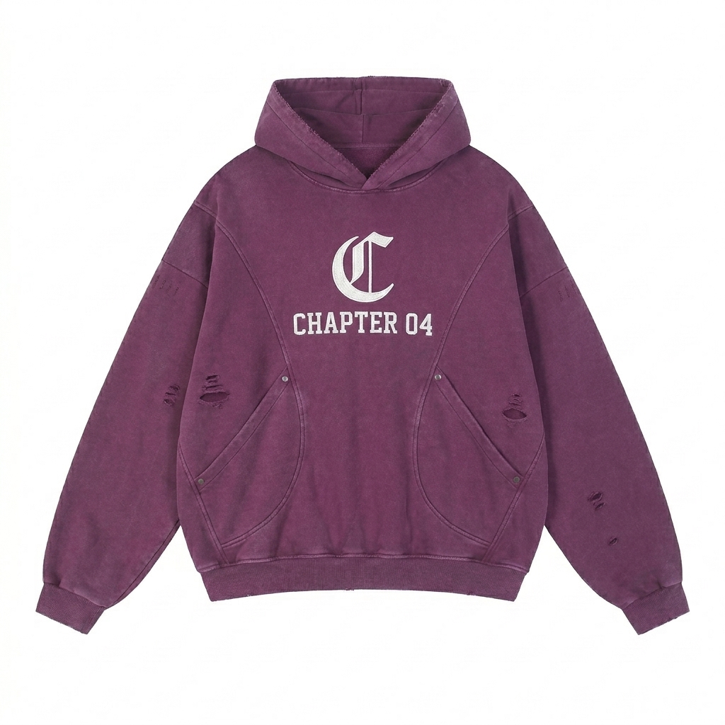 Custom Snow Washed Panel Pocket Hoodie design direction 3: Retro Collegiate Emblem featuring the CHAPTER 04 wordmark