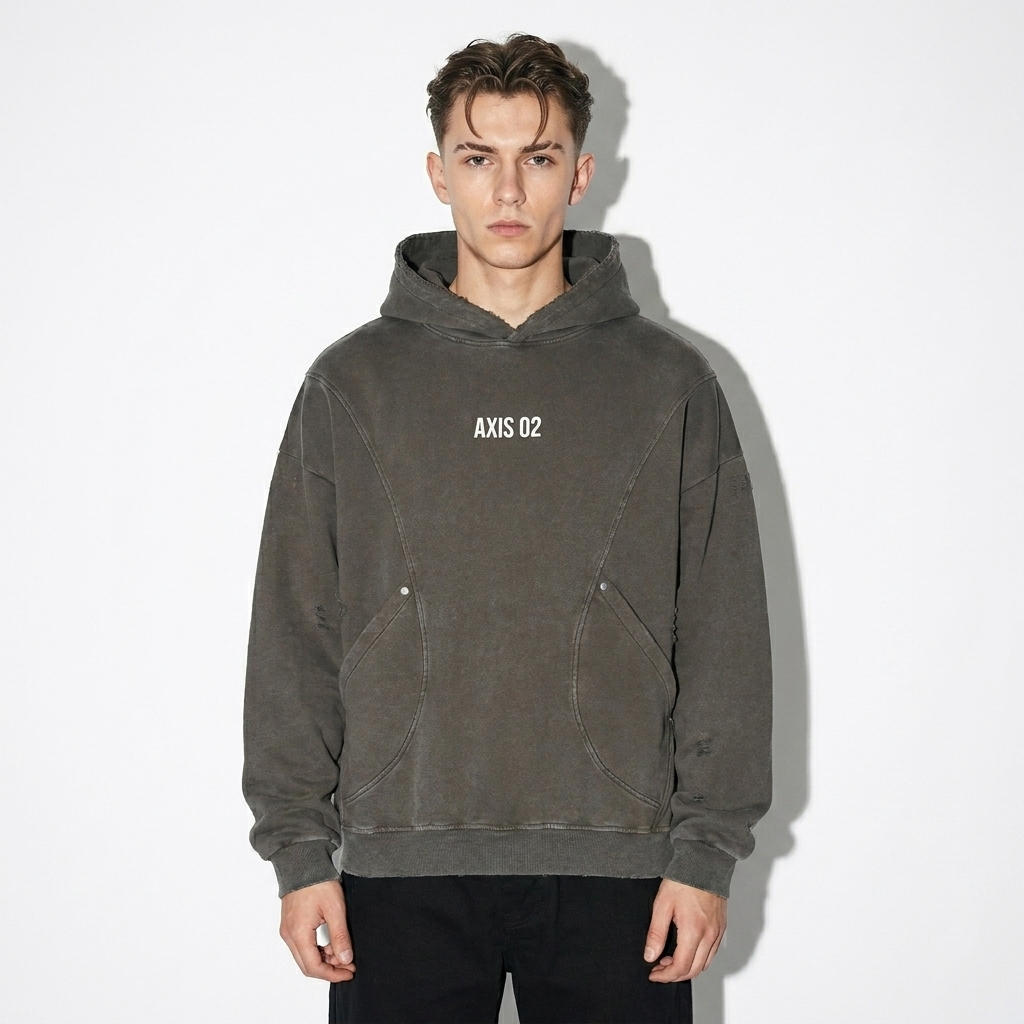 Snow Washed Panel Pocket Hoodie worn by a petite British male fashion influencer, gorpcore outdoor styling, studio lookbook — custom snow washed panel pocket hoodie