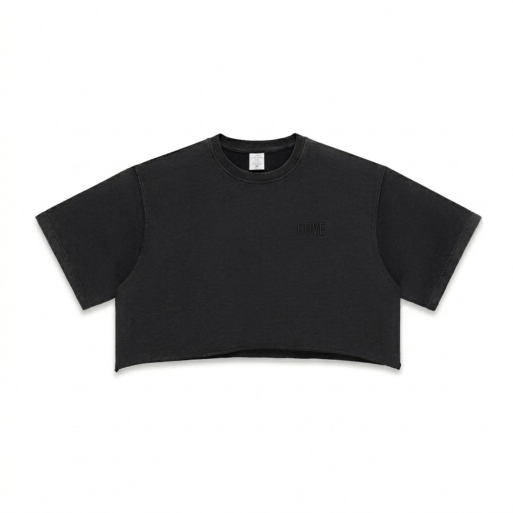 Custom Snow Washed Raw Edge Crop Top design direction 1: Tonal Minimalist Wordmark featuring the COVE wordmark