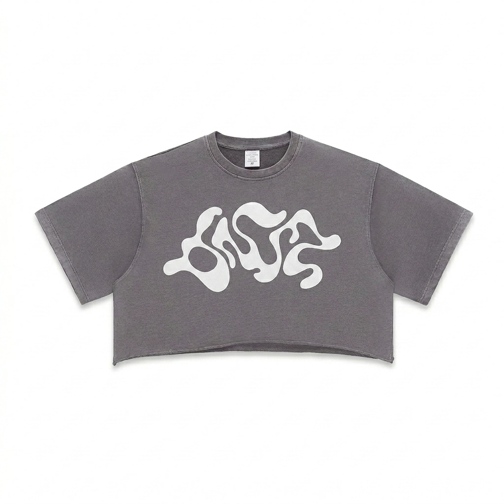 Custom Snow Washed Raw Edge Crop Top design direction 2: Bold Graphic Illustration featuring the ORBIT wordmark