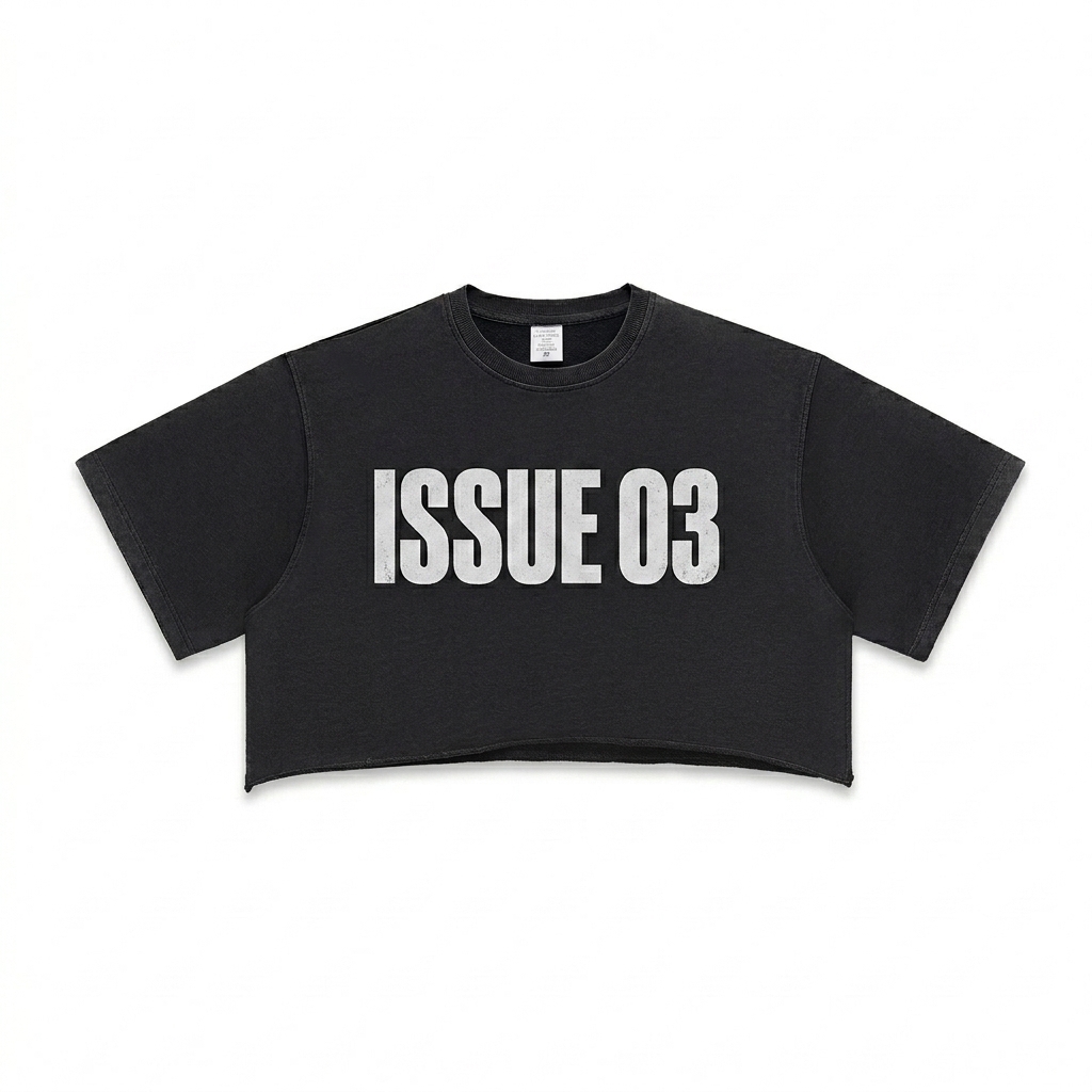 Custom Snow Washed Raw Edge Crop Top design direction 3: Typography Experiment featuring the ISSUE 03 wordmark