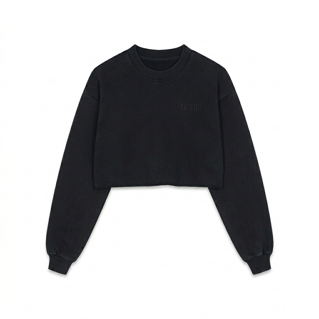 Custom Snow Washed Raw Edge Cropped Sweatshirt design direction 1: Tonal Minimalist Wordmark featuring the AXIS 02 wordmark