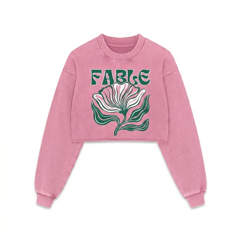 Custom Snow Washed Raw Edge Cropped Sweatshirt design direction 2: Bold Botanical Graphic featuring the FABLE wordmark