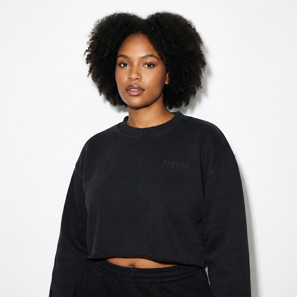 Snow Washed Raw Edge Cropped Sweatshirt worn by a mid-size Afro-Caribbean female fashion influencer, preppy ivy styling, studio lookbook — custom snow washed raw edge cropped sweatshirt