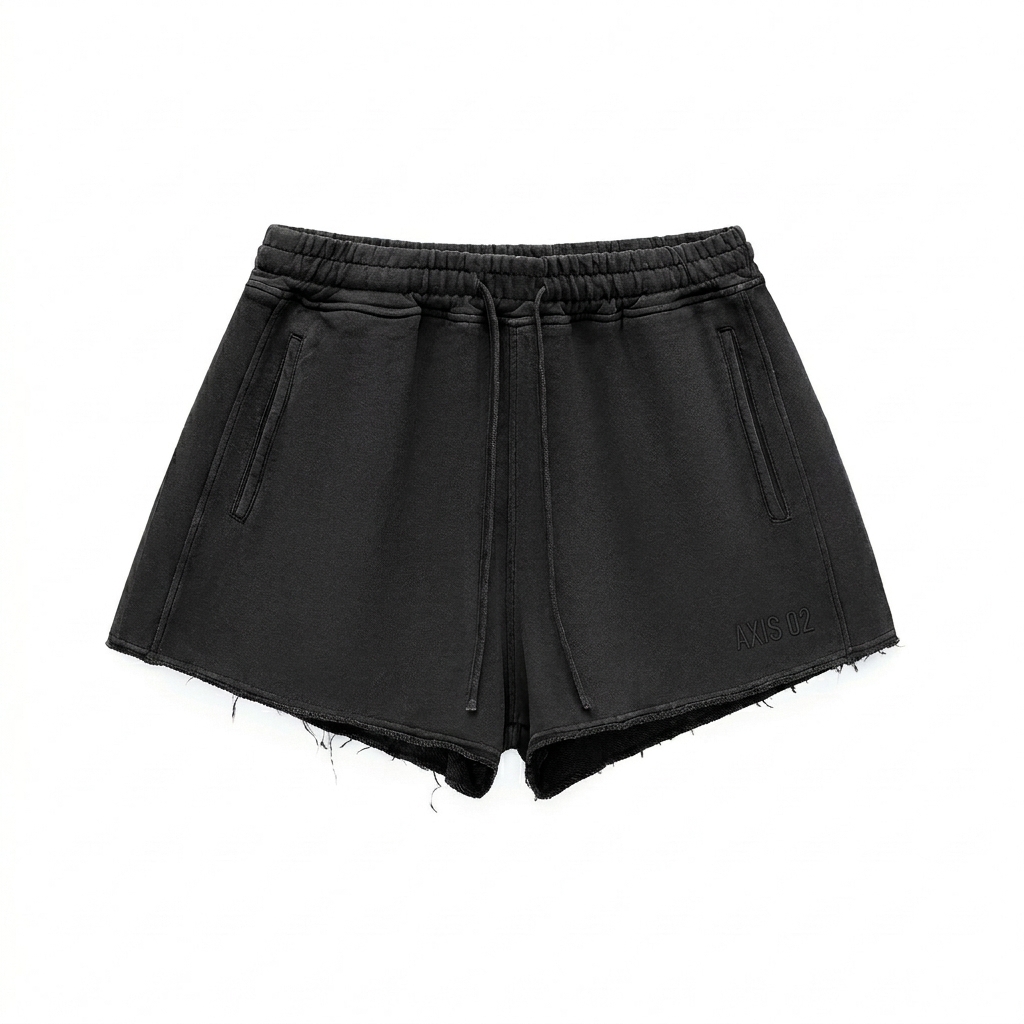 Custom Snow Washed Raw Edge Drawstring Shorts design direction 1: Minimalist Utility Wordmark featuring the AXIS 02 wordmark