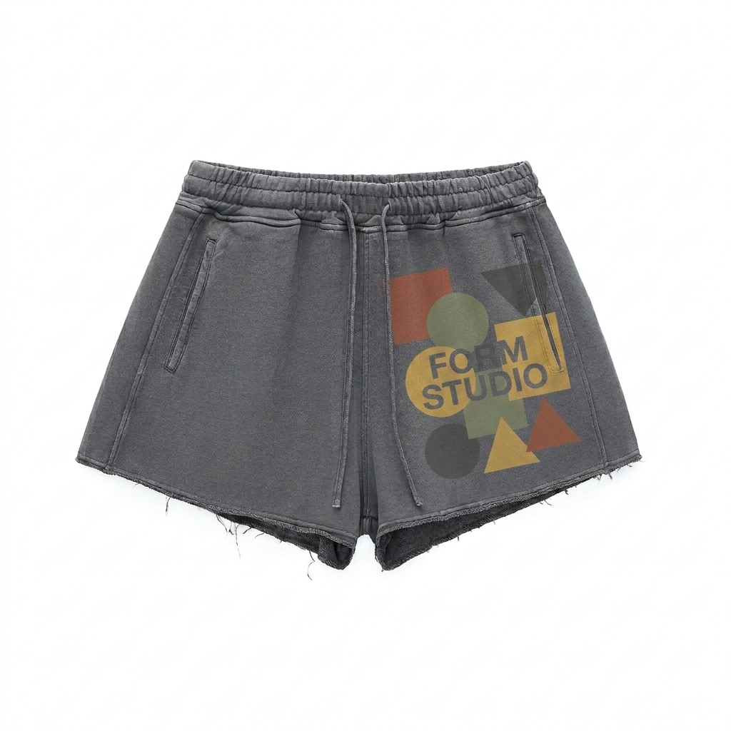 Custom Snow Washed Raw Edge Drawstring Shorts design direction 2: Abstract Geometric Graphic featuring the FORM STUDIO wordmark