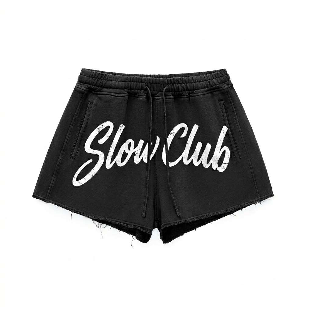 Custom Snow Washed Raw Edge Drawstring Shorts design direction 3: Distressed Script Signature featuring the SLOW CLUB wordmark