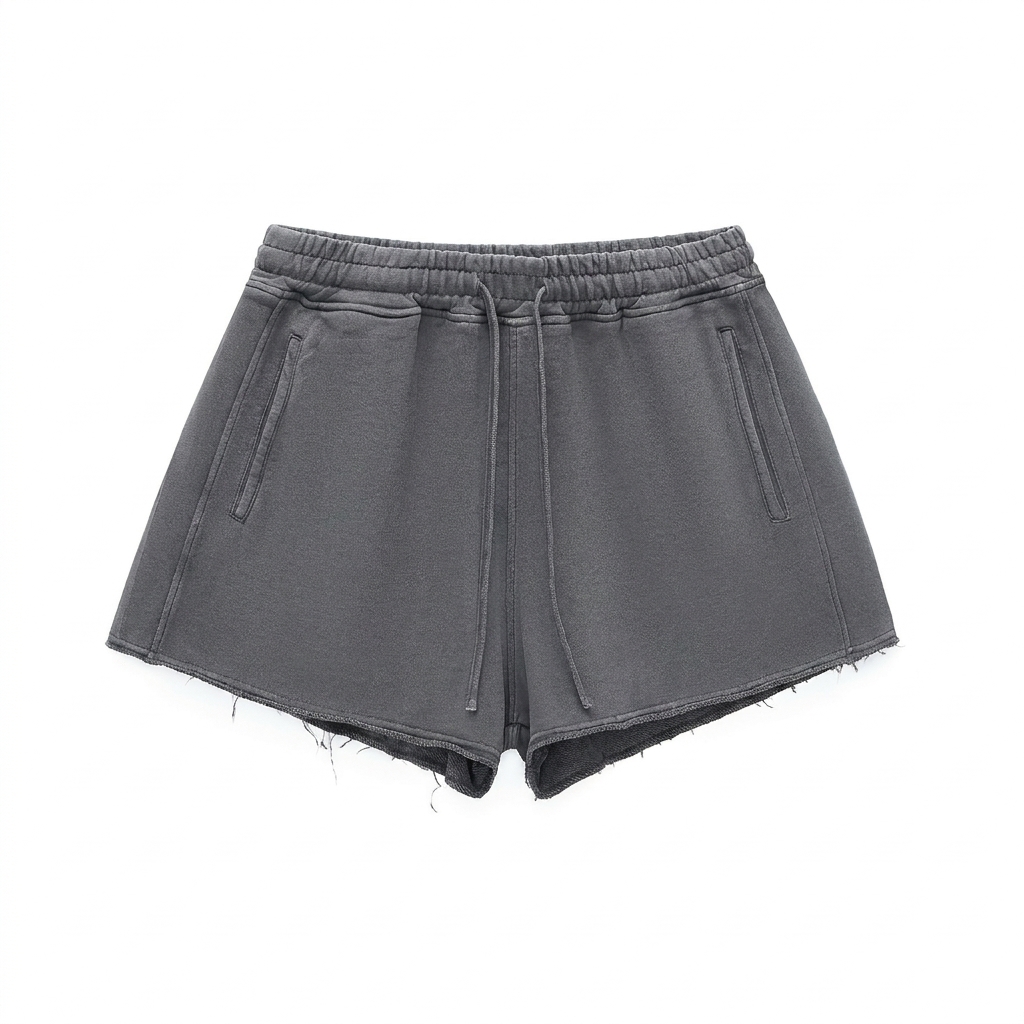 Custom Snow Washed Raw Edge Drawstring Shorts — Shorts