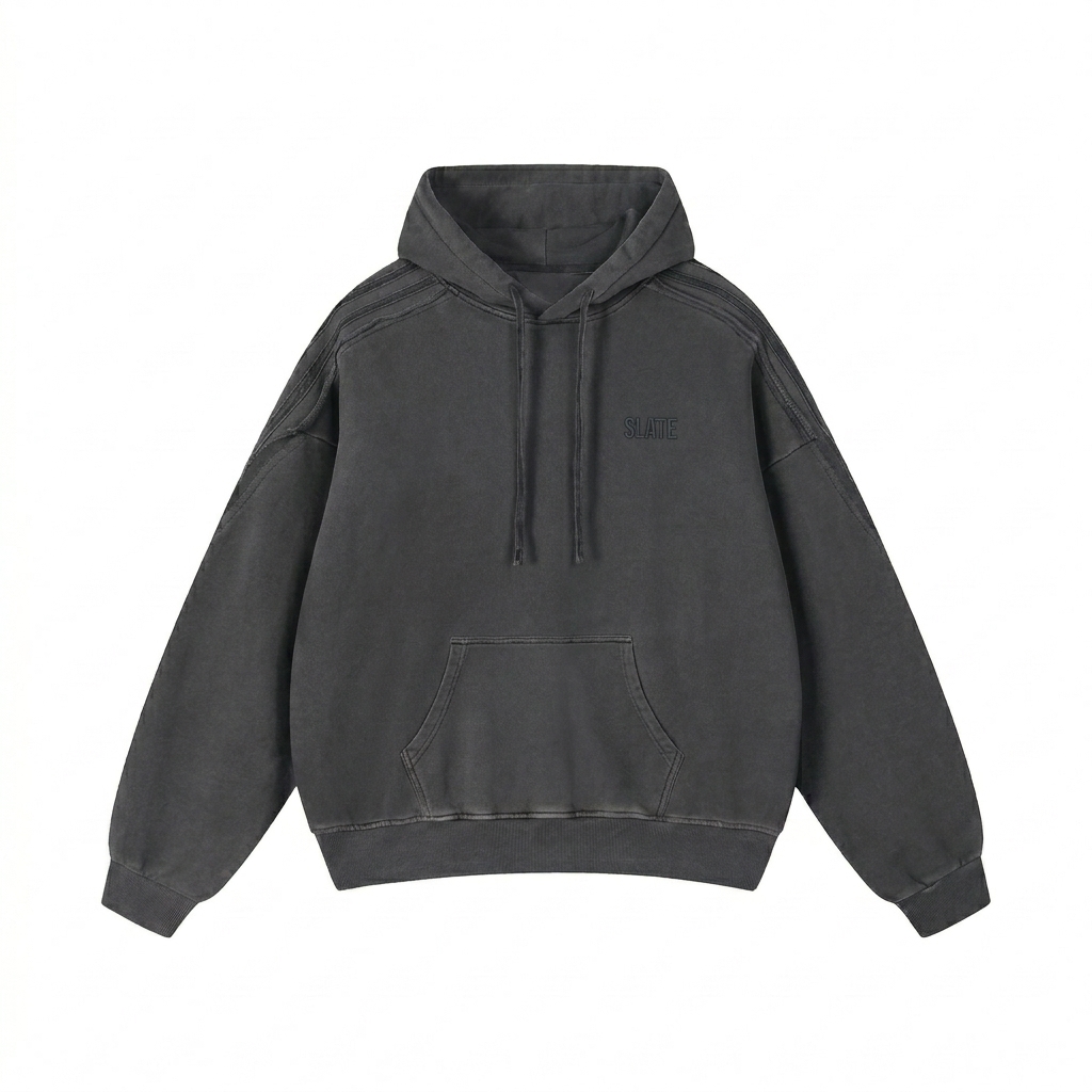 Custom Snow Washed Raw Edge Hoodie design direction 1: Tonal Minimalist Wordmark featuring the SLATE wordmark