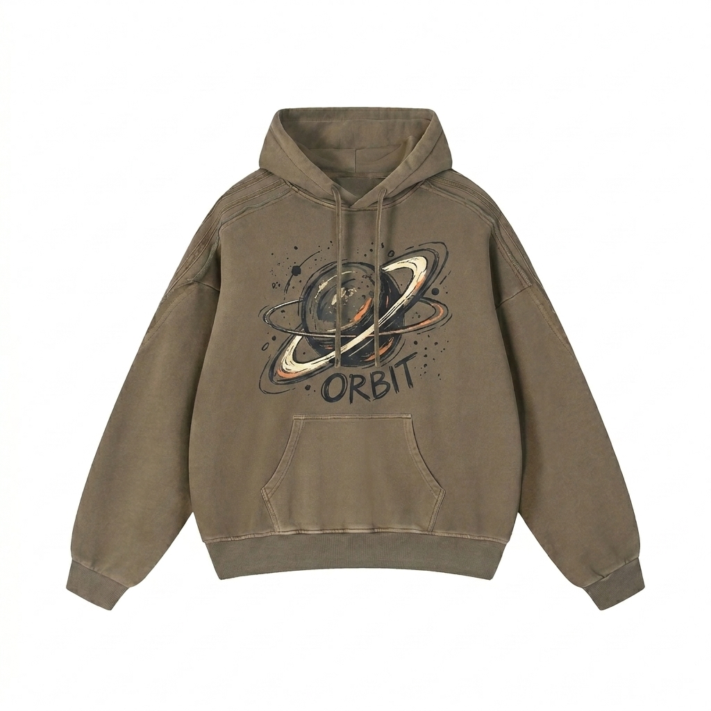 Custom Snow Washed Raw Edge Hoodie design direction 2: Abstract Line Art Graphic featuring the ORBIT wordmark