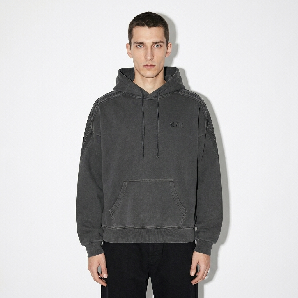 Snow Washed Raw Edge Hoodie worn by a slim tall Eastern European male fashion influencer, y2k revival styling, studio lookbook — custom snow washed raw edge hoodie