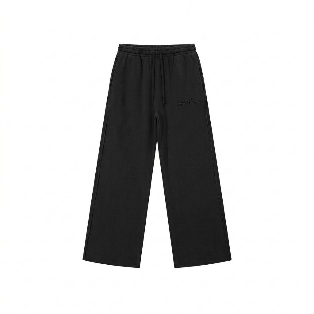 Custom Snow Washed Raw Edge Sweatpants design direction 1: Tonal Script Wordmark featuring the Quiet Power wordmark