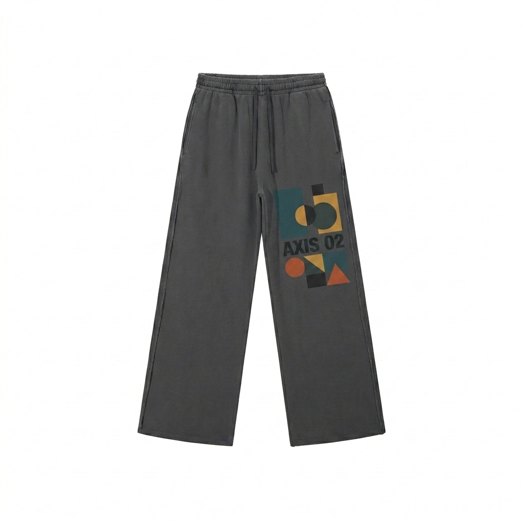 Custom Snow Washed Raw Edge Sweatpants design direction 2: Abstract Geometric Graphic featuring the AXIS 02 wordmark