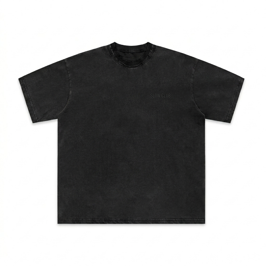 Custom Snow Washed Raw-Edge T-Shirt design direction 1: Subtle Tonal Wordmark featuring the SLOW CLUB wordmark