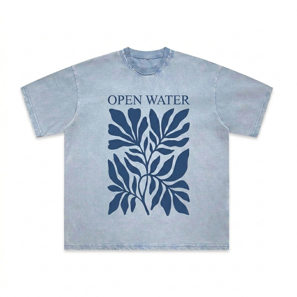 Custom Snow Washed Raw-Edge T-Shirt design direction 2: Abstract Botanical Graphic featuring the OPEN WATER wordmark