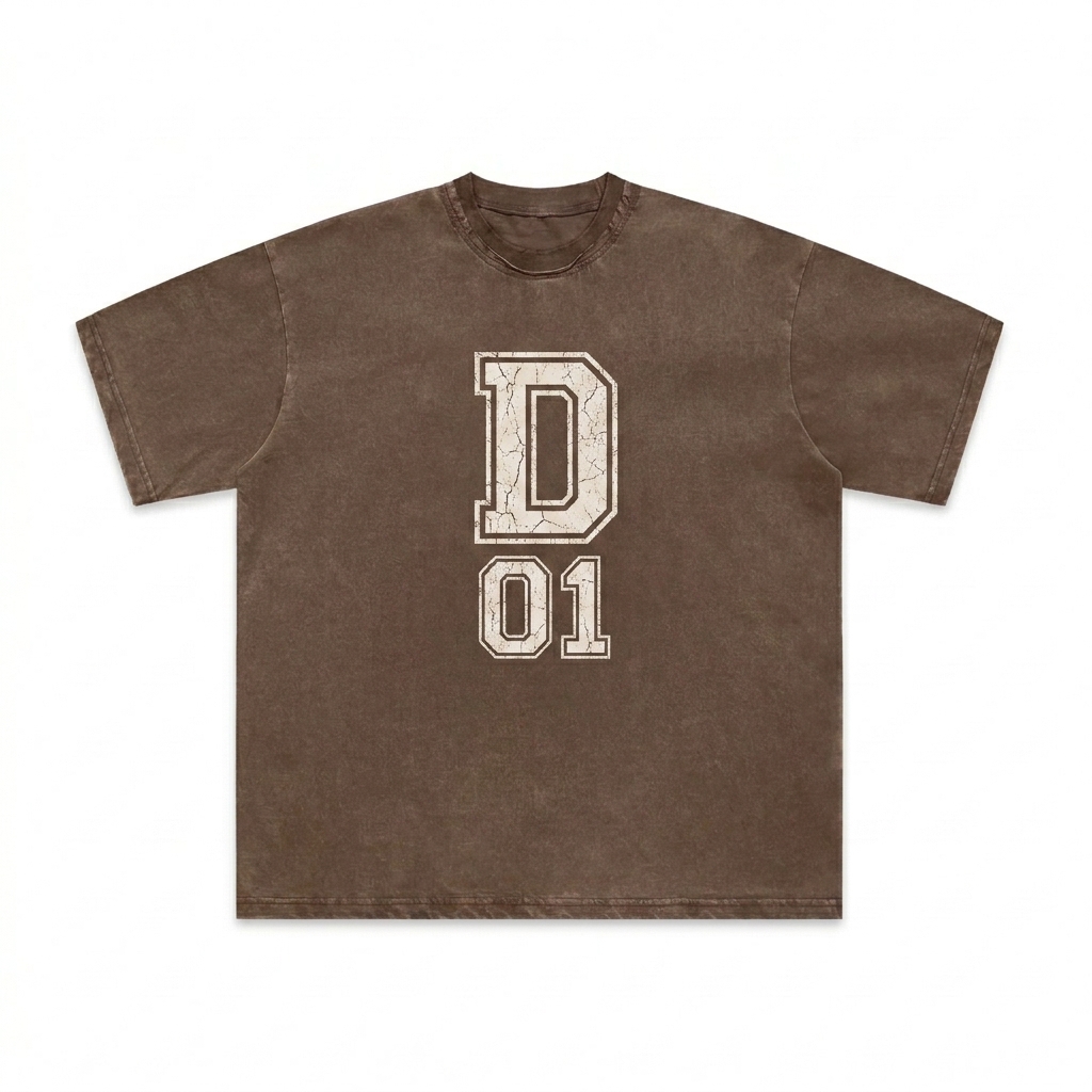 Custom Snow Washed Raw-Edge T-Shirt design direction 3: Collegiate Athletics Emblem featuring the DRAFT 01 wordmark