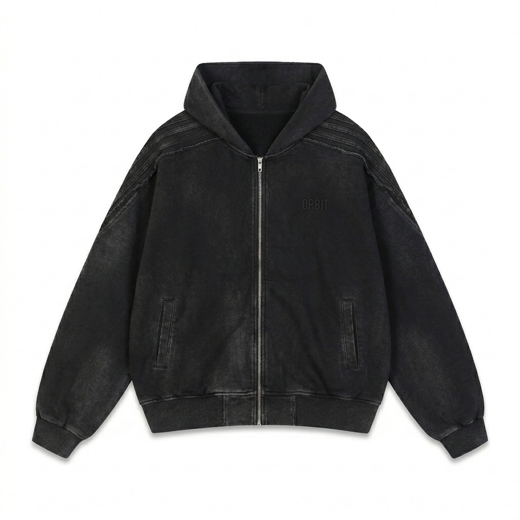 Custom Snow Washed Raw Edge Zip Hoodie design direction 1: Tonal Minimalist Wordmark featuring the ORBIT wordmark