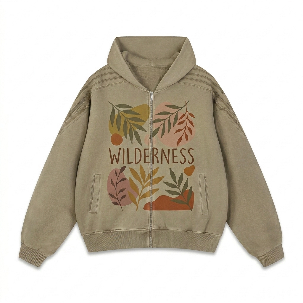 Custom Snow Washed Raw Edge Zip Hoodie design direction 2: Bold Graphic Illustration featuring the WILDERNESS wordmark