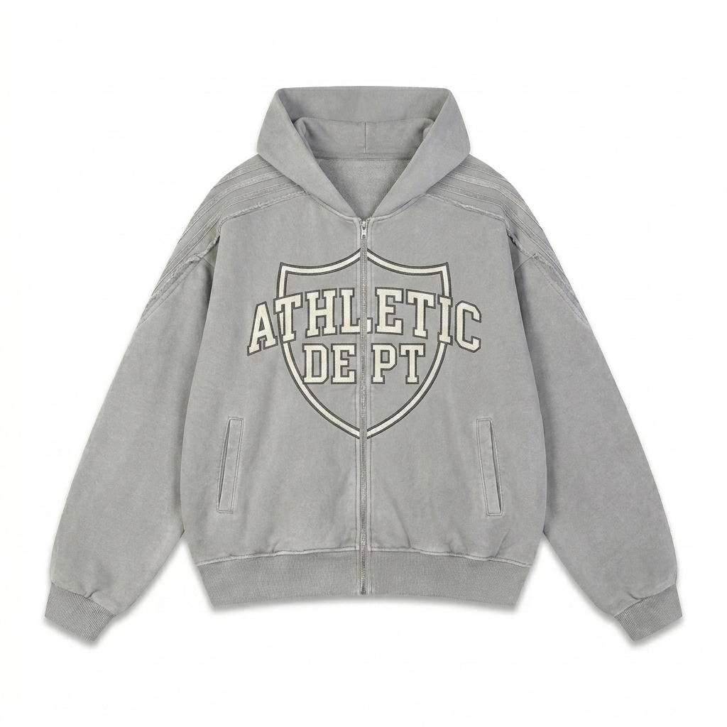 Custom Snow Washed Raw Edge Zip Hoodie design direction 3: Retro Collegiate Emblem featuring the ATHLETIC DEPT wordmark