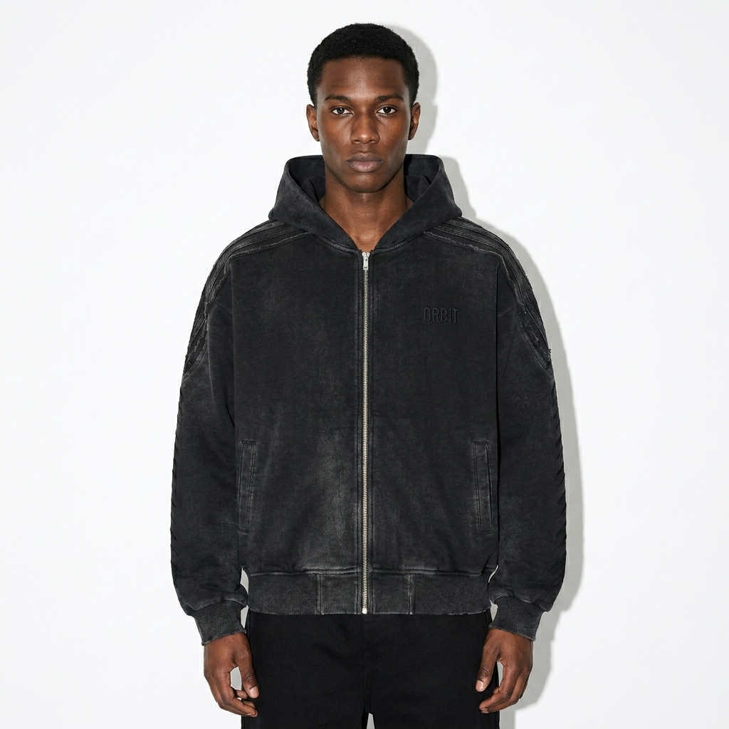 Snow Washed Raw Edge Zip Hoodie worn by a lean Afro-Caribbean male fashion influencer, clean-girl minimal styling, studio lookbook — custom snow washed raw edge zip hoodie