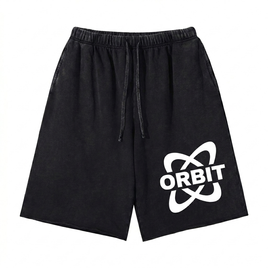 Custom Snow Washed Raw Hem Shorts design direction 2: Bold Abstract Graphic featuring the ORBIT wordmark